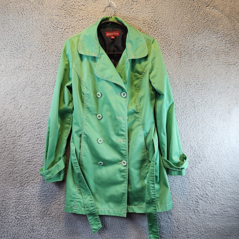 Merona Trench Coat Womens Medium Green Cotton Collared Double Breasted Belted‎